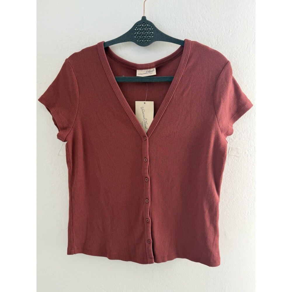 Universal Thread Ribbed Button Front Short Sleeve Top Rust Large NWT